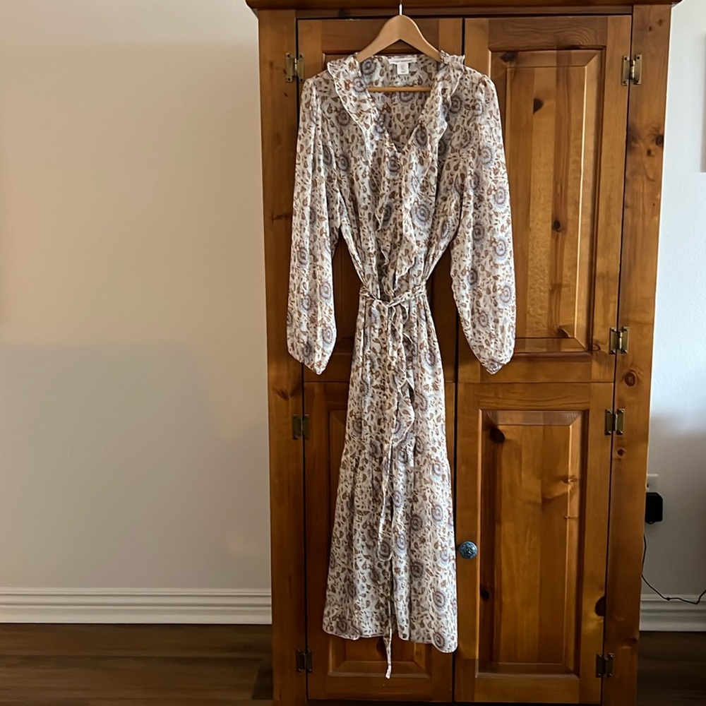 Lucky brand, midi dress, size large, beige blue brown